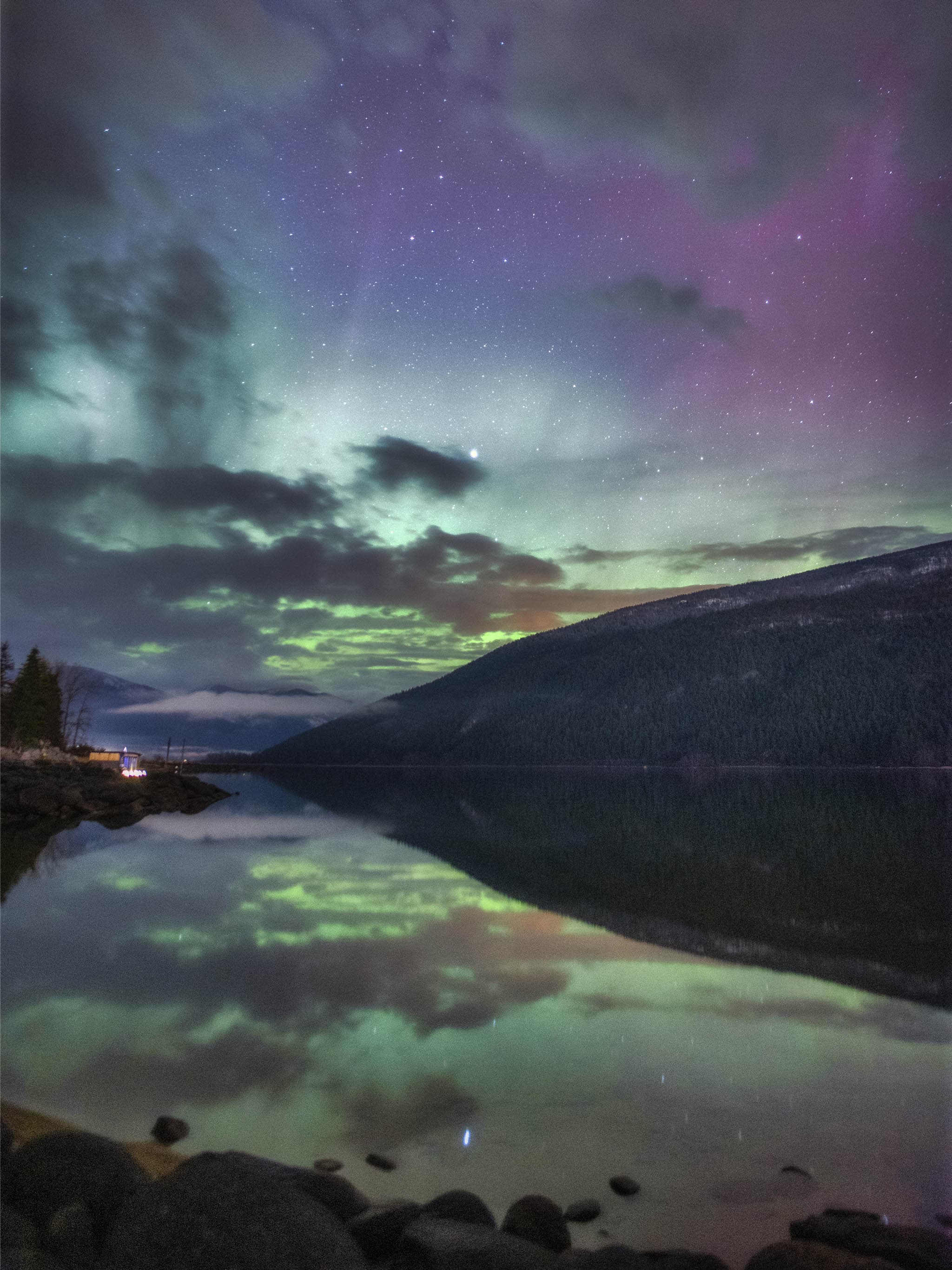 Aurora over Kootenay Lake near Nelson British Columbia.