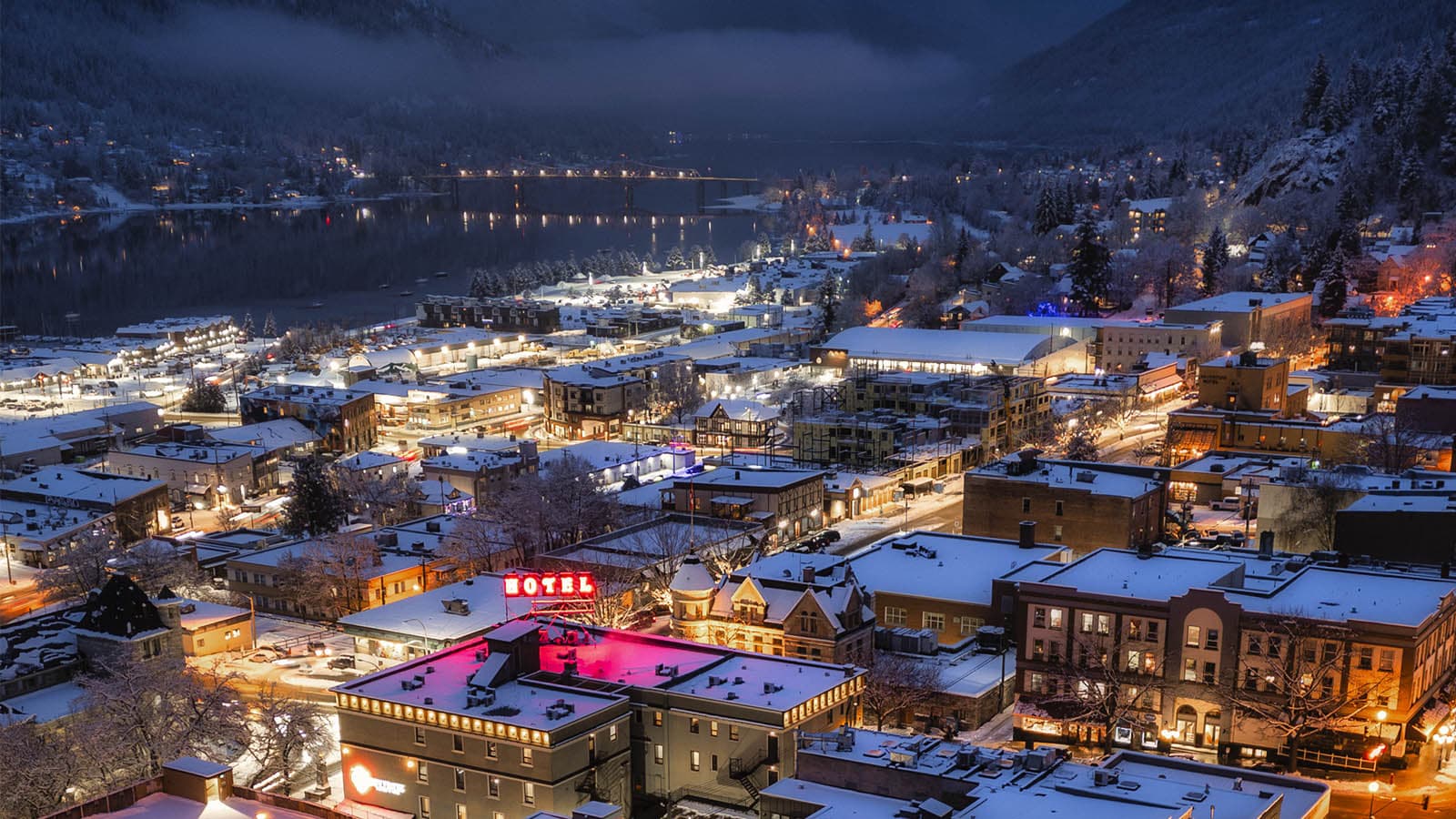 Snow-covered Nelson, British Columbia at night.